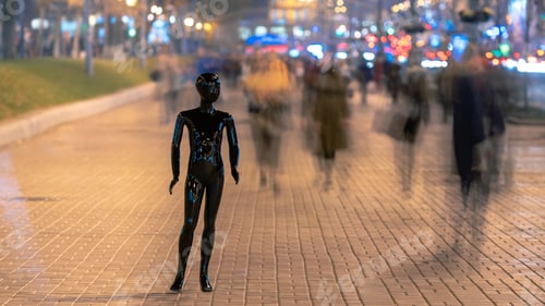 Preview: The mannequin standing on the evening street with people