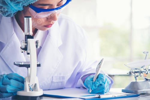 Preview: Woman scientist in lab look at science microscope medical test and research biology chemistry