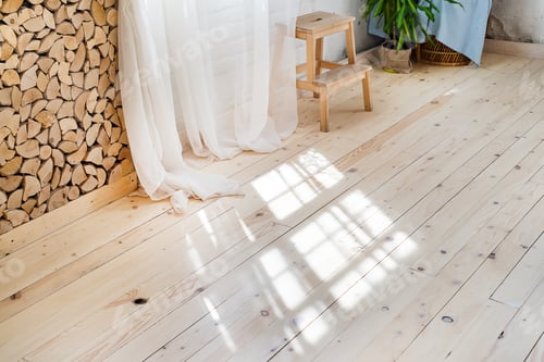 Preview: Glass windows with white curtains, flower in a pot on the floor and view over the trees.