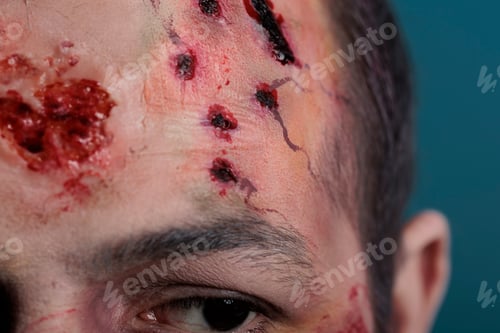 Preview: Undead zombie showing wounded forehead on camera