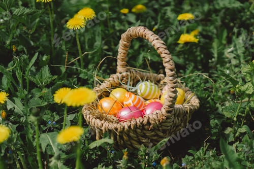 Preview: A basket of colorful Easter eggs. Hunting for Easter eggs