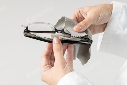 Preview: Midsection of caucasian doctor holding and cleaning glasses on grey background