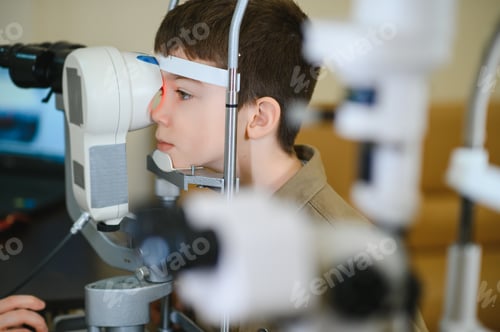 Preview: Boy undergoing eyesight examination with ophthalmological equipment in clinic