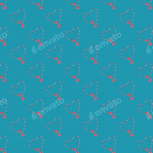 Preview: pattern knitted red white round candy caramel two pieces in shape of heart on turquoise background