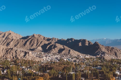 Preview: Landscape and building in Leh Ladakh city with mountains and blue sky background