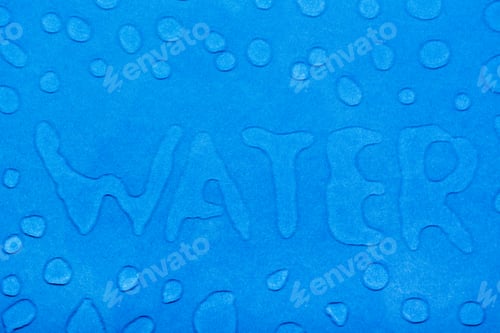 Preview: The word "water" is written with water droplets and water droplets on a blue smooth surface.