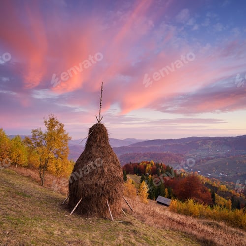 Preview: Autumn landscape with a haystack in the mountains