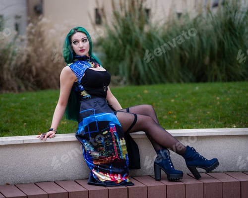 Preview: Young woman with vibrant green hair is leisurely sitting on a stone bench in an outdoor setting