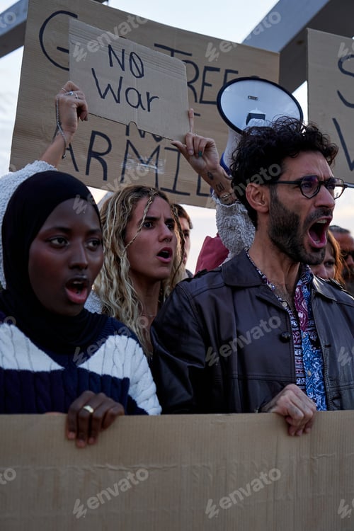 Preview: Group of multiethnic people protesting against violence, screaming No to War.