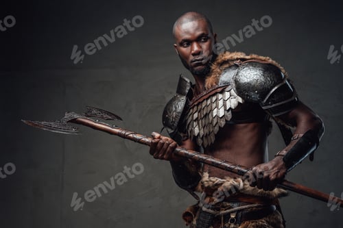 Preview: African barbarian dressed in protective armor and deerskin wielding an axe