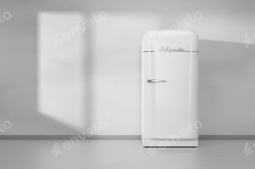 Preview: Fridge in gray minimalistic kitchen interior. 3D rendering.