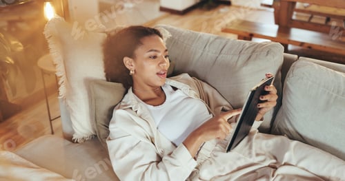 Preview: Tablet, relax and woman scroll in home on social media account for streaming, subscribe or like vid