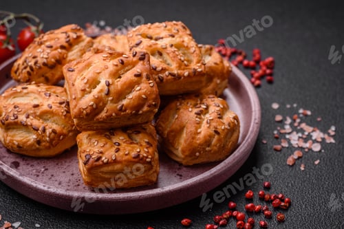 Preview: Delicious crispy mini puffs with sausage or meat with salt, thyme and sesame