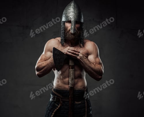 Preview: Warlike shirtless viking with axe posing in dark background