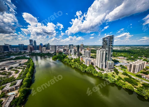 Preview: Aerial view of downtown Austin with modern buildings along the riverbank. Texas, USA