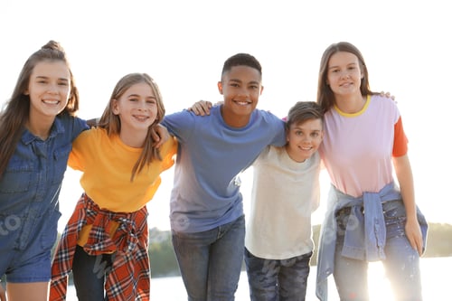 Preview: Group of children outdoors on sunny day. Summer camp