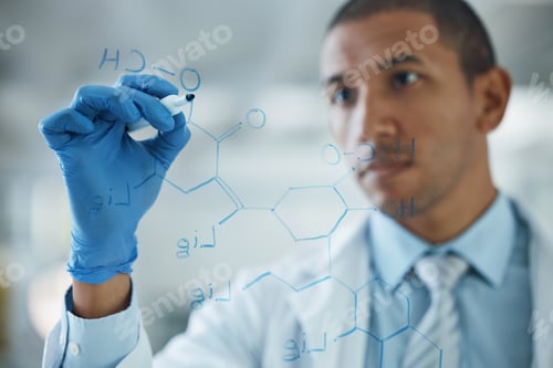Preview: Scientist man, thinking and writing on glass, formula and study for chemical compound, engineer or