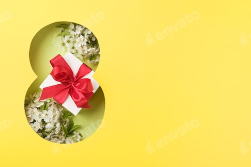 Preview: 8 March greeting card. Paper cut Eight made of yellow background and fresh spring flowers bouquet of