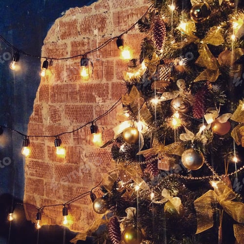 Preview: Christmas decoration of the tree, room and bedroom. Dark and gold color. Beautiful Christmas toys