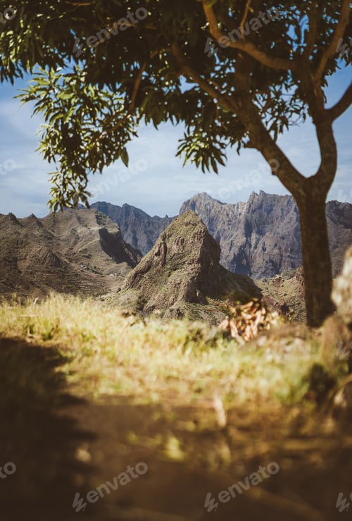 Preview: Amazing huge barren mountain range appearing on the horizon. Glowing sun the only mango tree