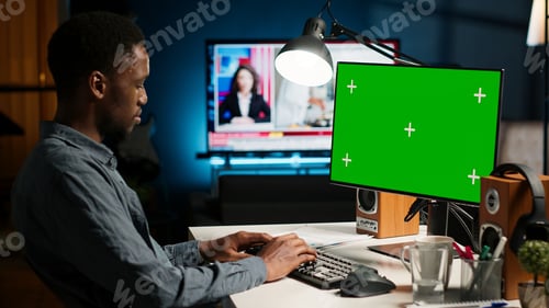 Preview: African american adult working from home using chroma key mockup