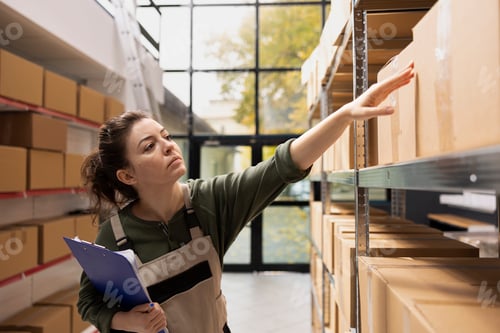 Preview: Female employee working with parcels and pallets in a small facility