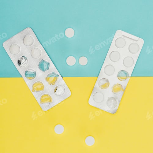 Preview: top view of medicines isolated on blue and yellow background