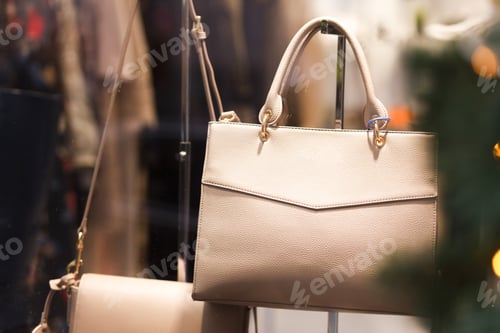 Preview: Showcase with women's handbags. Women's clothing store. Shopping