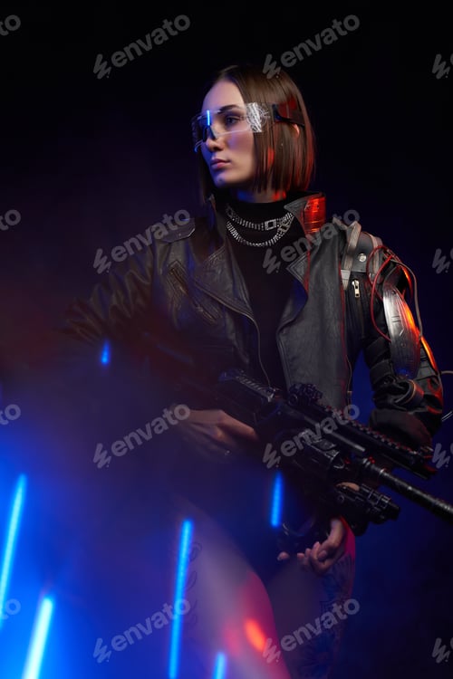 Preview: Cyber woman with rifle posing in dark background with lights