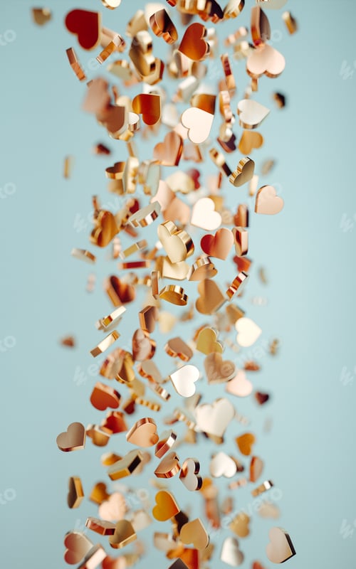 Preview: The Flow of golden hearts on blue background. Beautiful abstract background.