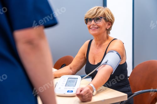 Preview: Smiling mature woman sitting during a blood pressure exam