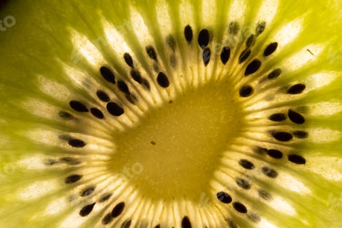 Preview: Micro close up of sliced kiwi fruit and copy space