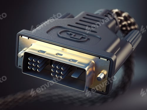 Preview: Closeup of DVI cable video monitor connector on black background.