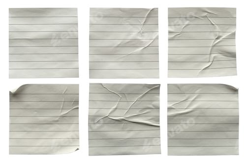 Preview: Straight line memo size white paper collection crumpled, creased and glued isolated on a white backg