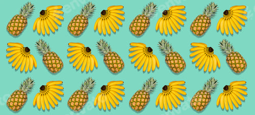 Preview: Colorful fruit pattern of fresh yellow bananas and pineapples on green background