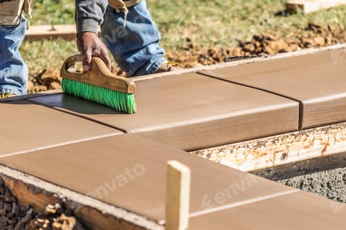 Preview: Construction Worker Using Brush On Wet Cement Forming Coping Around New Pool