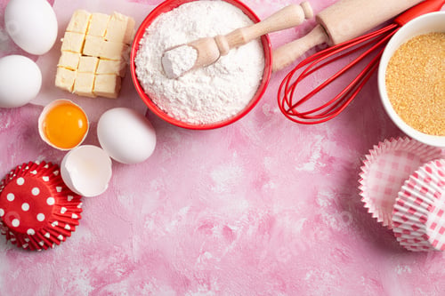Preview: Baking or cooking background. Ingredients for baking cakes or muffins. Kitchen utensils