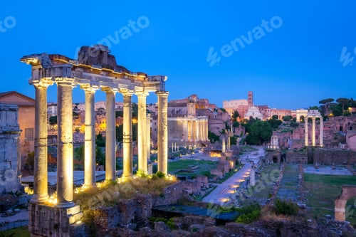 Preview: Forum Romanum archeological site in Rome after sunset