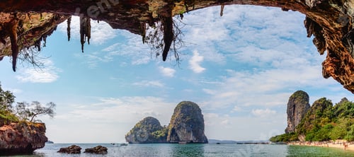 Picturesque Tropical Islands and Beach Viewed from Cave