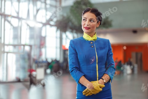 Preview: Female flight attendant standing in airport terminal