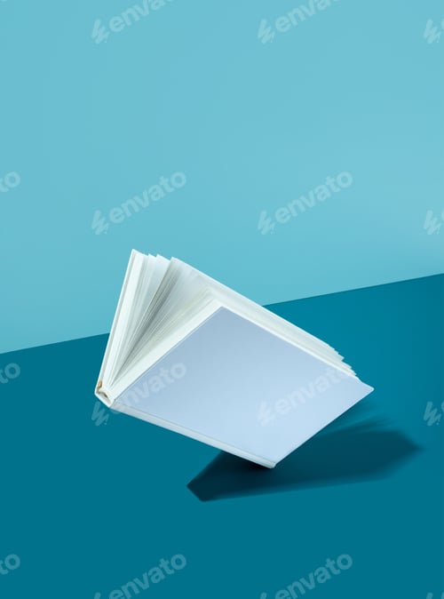 Preview: Floating white cover book on bold color blue-aquamarine-turquoise background