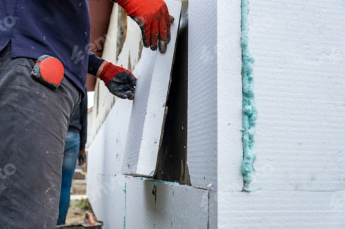 Preview: Construction worker installing styrofoam insulation sheets on house facade wall