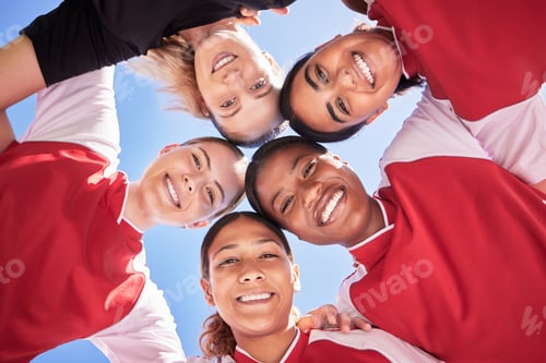 Preview: Female soccer team huddle bonding, smiling or motivated in circle with heads in middle. Below portr