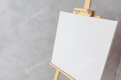 Preview: Blank canvas set on wooden easel against gray wall ready for artwork creation