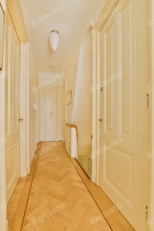 Preview: Narrow corridor with doors and lamp