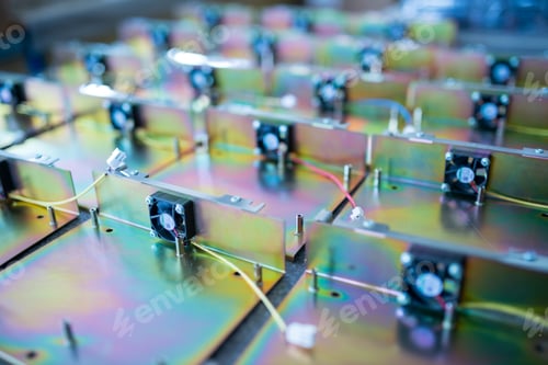Preview: Rainbow metal details of TFT displays on table in workshop