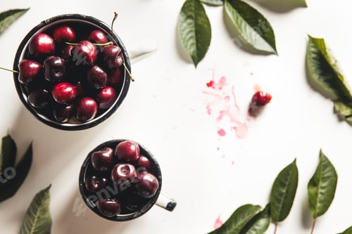Preview: Cherry. Cherries in white bowl. Red cherry. Fresh cherries. Cherry on white background.
