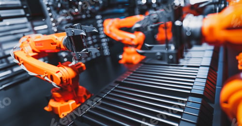 Preview: Robotic arms along assembly line in modern factory.