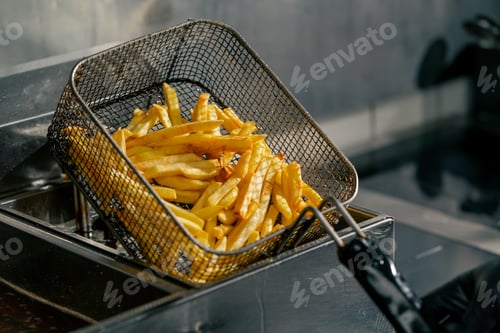 Preview: close-up in a professional kitchen the chef takes out french fries from the fryer