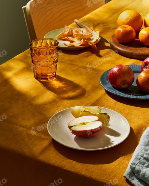 Preview: Food, breakfast with fruit. Table covering bright yellow linen tablecloth, sunlight deep hard shadow
